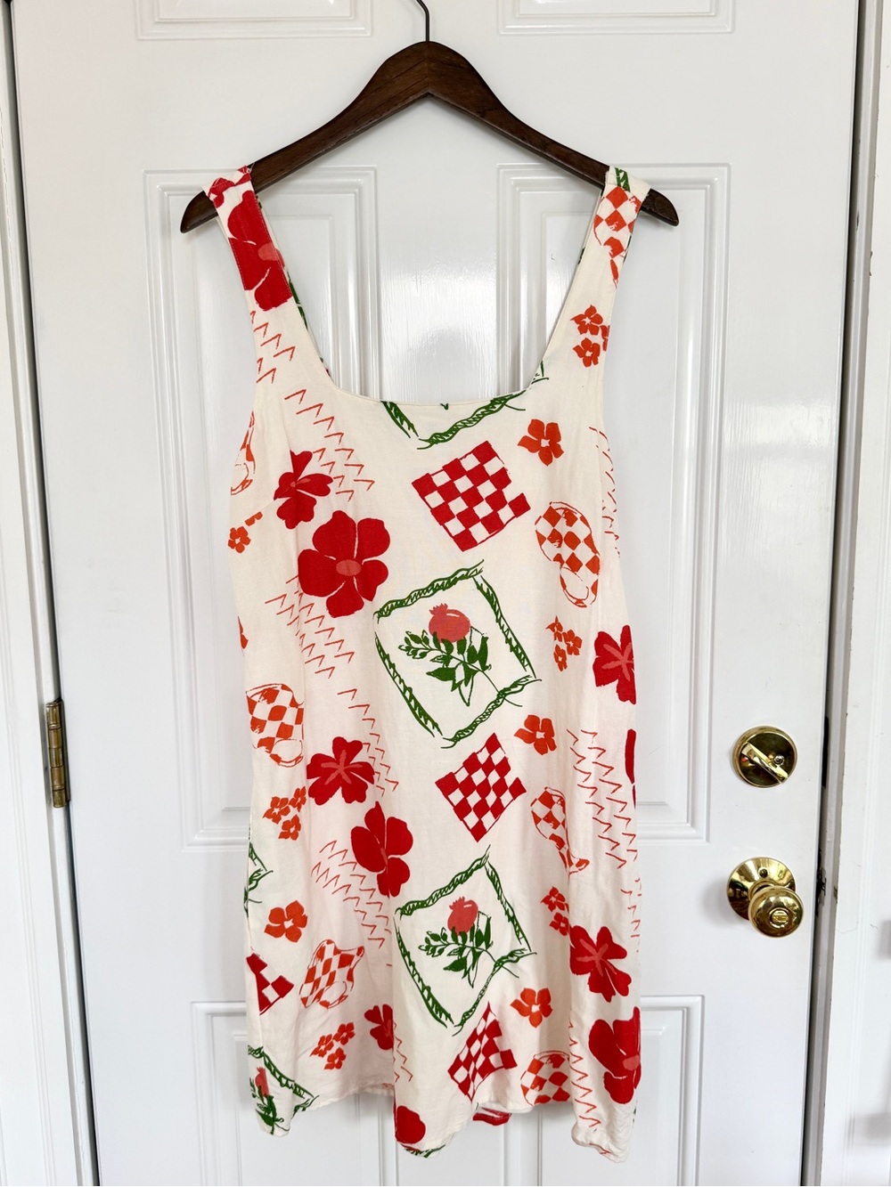 Japna Cream Mini Dress with Red Floral & Green Accents